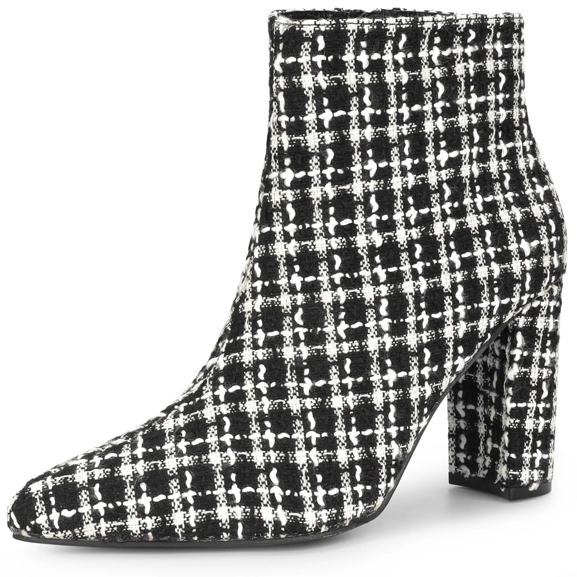 BLISSFUL STEP Plaid Tweed Boot Pointy Toe Chunky Heel Ankle Boots for Women