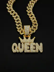 Queen Letter Pendant Necklace, Alloy Chain Jewelry, Street Style Art Culture Accessory, Hip Hop Trendy Personalized Gift, Iced Out Jewelry