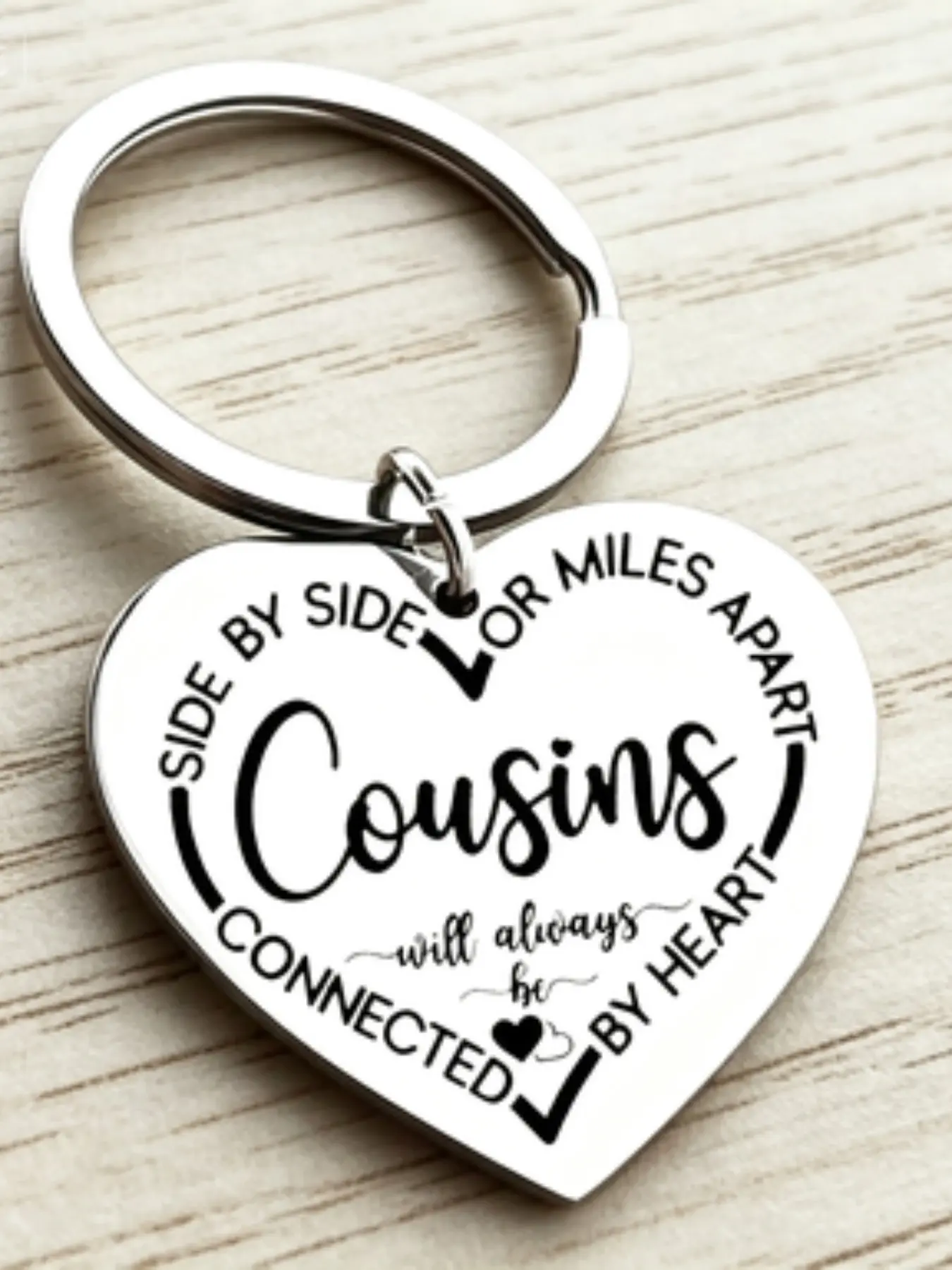 Cousins Keychain, Engraved Stainless Steel Keyring, Keyrings for Keys, 'side by Side or Miles Apart, Connected by Heart,' Perfect Cousin Gift for Birthday/christmas