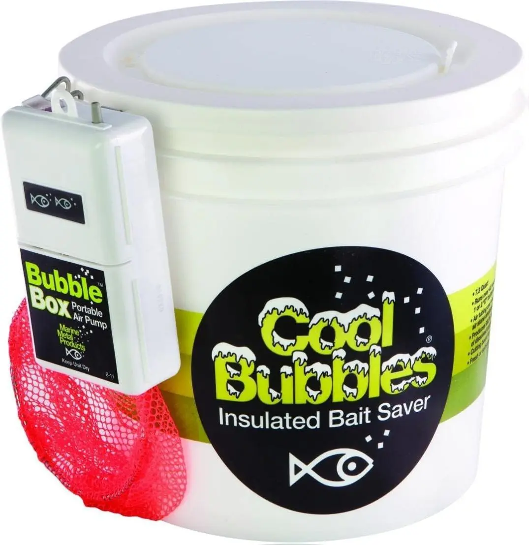Marine Metal CB-211 Cool Bubbles Insulated Aerated Live Bait Bucket with Lid, Bubble Box Pump, and Dip Net (8 qt)