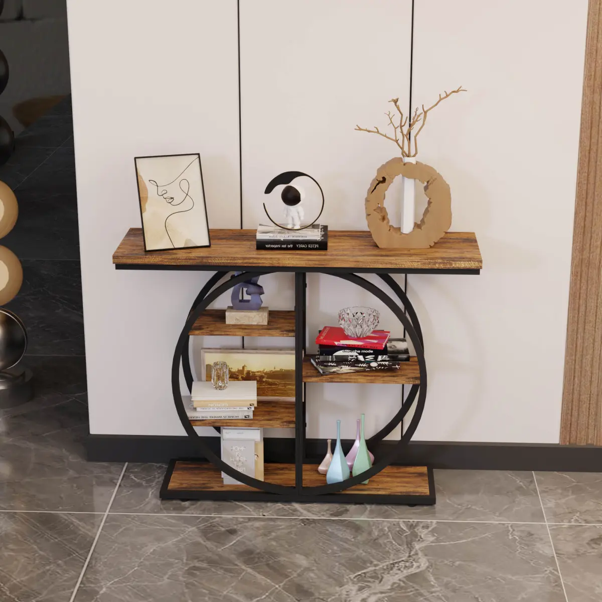 [Bellemave] 5-Tier Console Table for Entryway, Narrow Sofa Table with Storage Shelves & Circle Base, Rustic Brown Accent Furniture for Hallway, Foyer, Entrance, Living Room