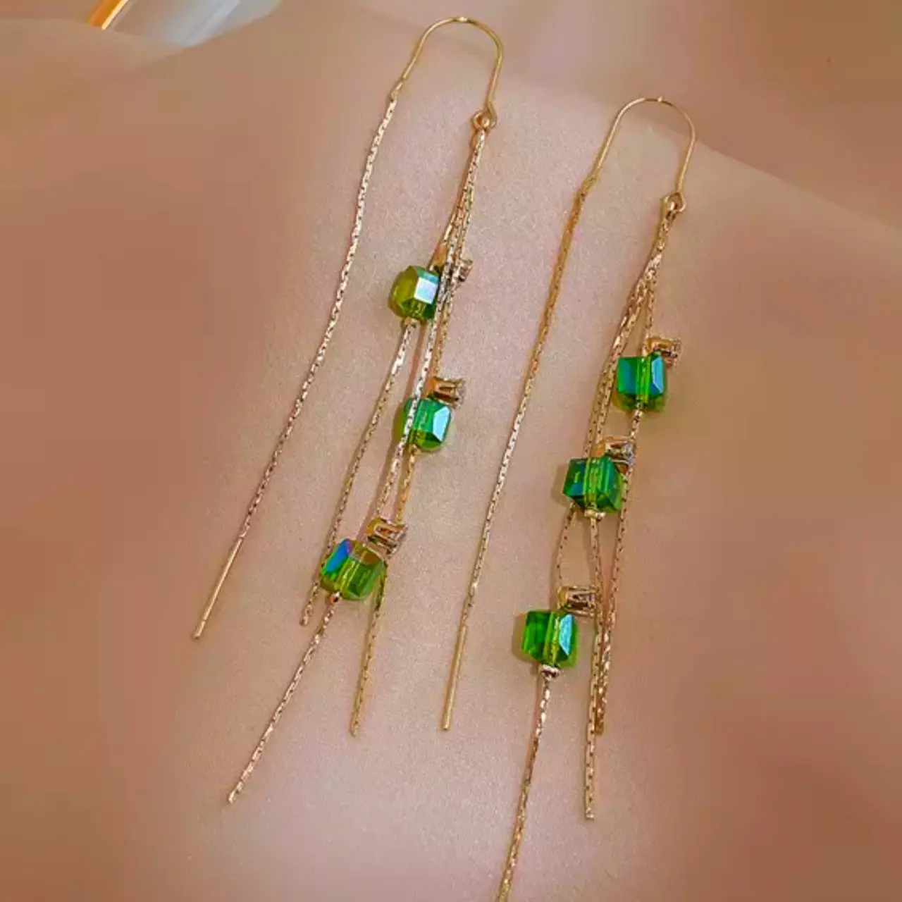 Long Green Crystal Tassel Earrings Daily Engagement Anniversary Birthday