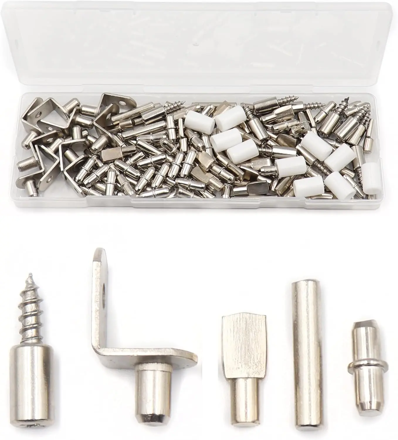 125 count Shelf Pins Kit, 5 Styles Nickel Plated Shelf Support Pegs, Bookshelf Pegs for Shelves,Cabinet Shelf Bracket Pegs Shelf Pins Holders for Furniture Closet