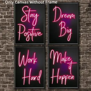 4Pcs/Set Unframed Inspirational Red Neon Canvas Posters, Motivational Wall Art, Black Background Wall Decor, Artwork Wall Painting For Gift, Wall Picture for Living Room, Bedroom, Office, Dining Room, Corridor, Home And Dormitory Decoration