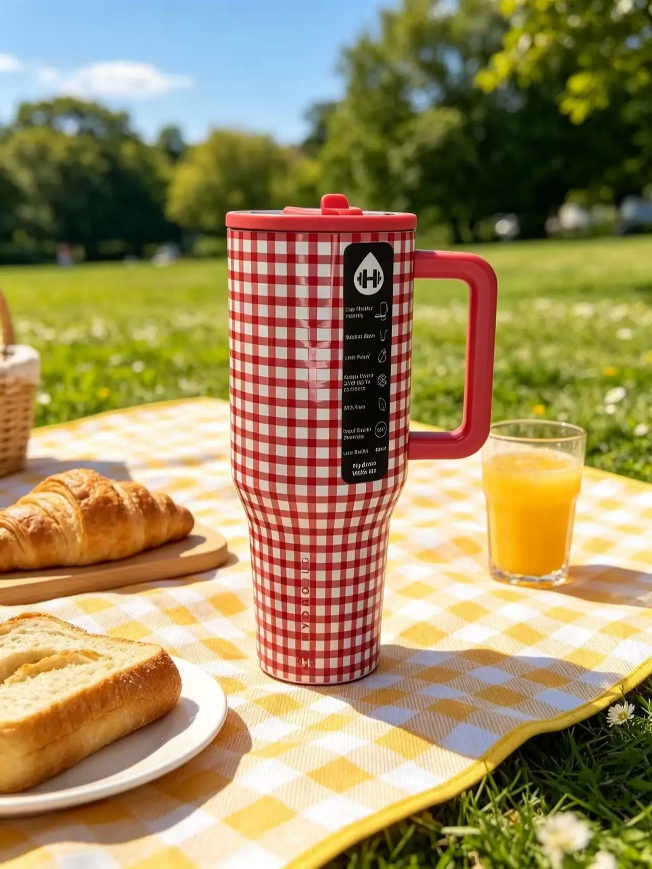 40oz Stainless Steel Leak-Proof Classic Red-White Checkered Print Reusable Large-Capacity Water Bottle with Handle, Flasks, Portable Washable Kitchenware Drinkware, Suitable for Car, Camping Use Mug Printed Tumbler Cup Bottled