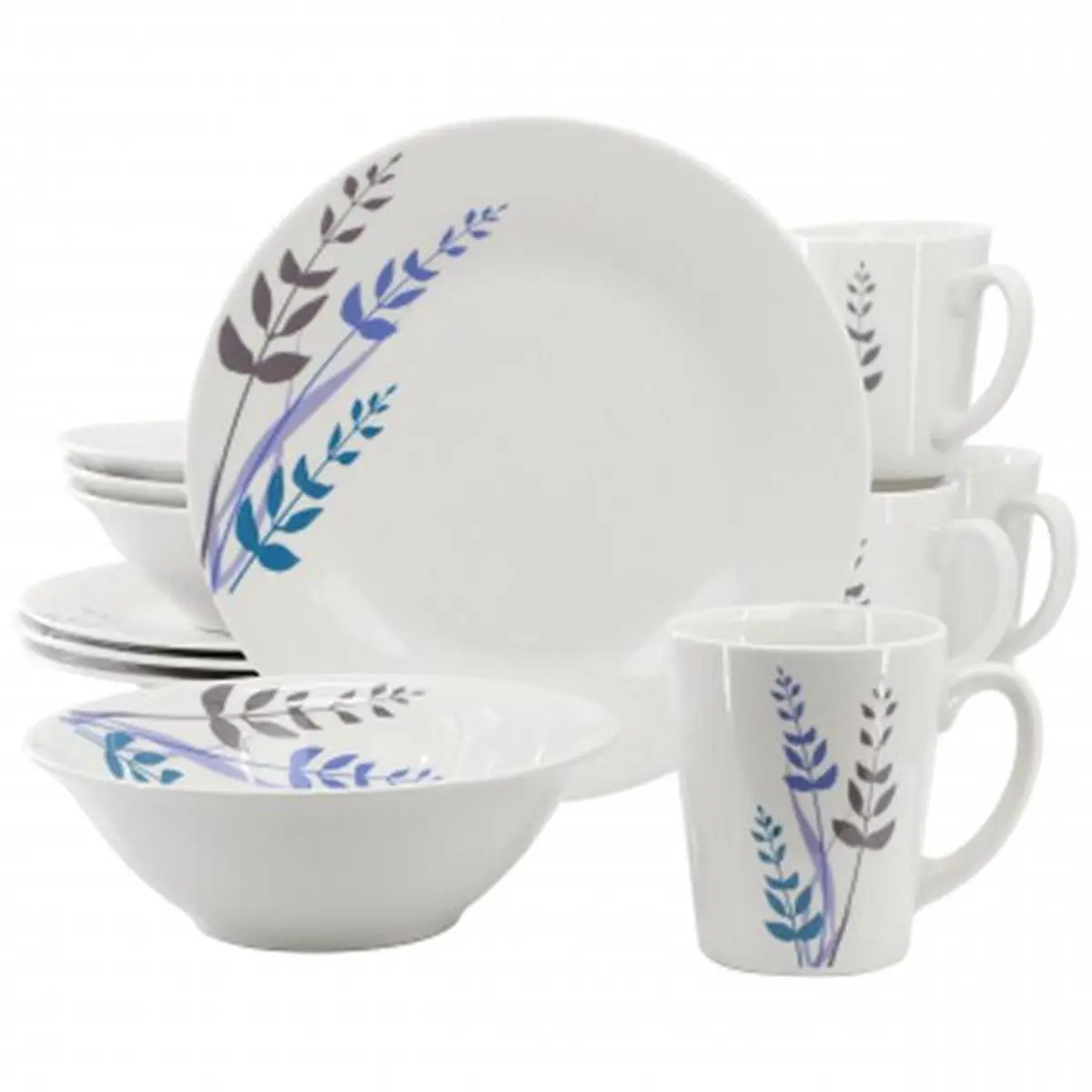 212 MAIN 12-Piece Round Fine Ceramic Dinnerware Set - Vibrant Blue Leaf Nature-Inspired Design, Cutlery-Included Complete Kitchen Dining Set, Dishwasher-Safe & Microwave-Safe, Dinnerware Sets, Nature-Inspired Dinner Sets