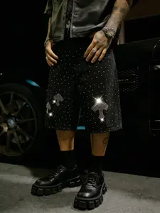 Men's Summer Black Rhinestone Loose Casual Denim Shorts, Y2K Style American Glow-in-the-Dark Street Fashion, Dark Style Street-Styling God Outfit