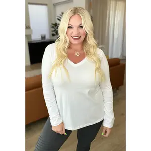 Relaxed Fit Long Sleeve V-Neck Top in White