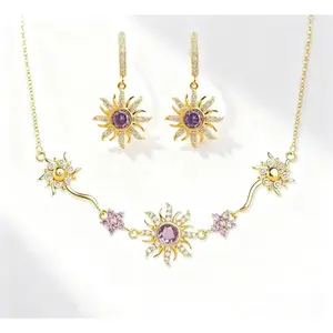 Purple Princess Zircon Gemstone Sweet Bracelet Necklace Jewelry Set for Christmas New Year Gift