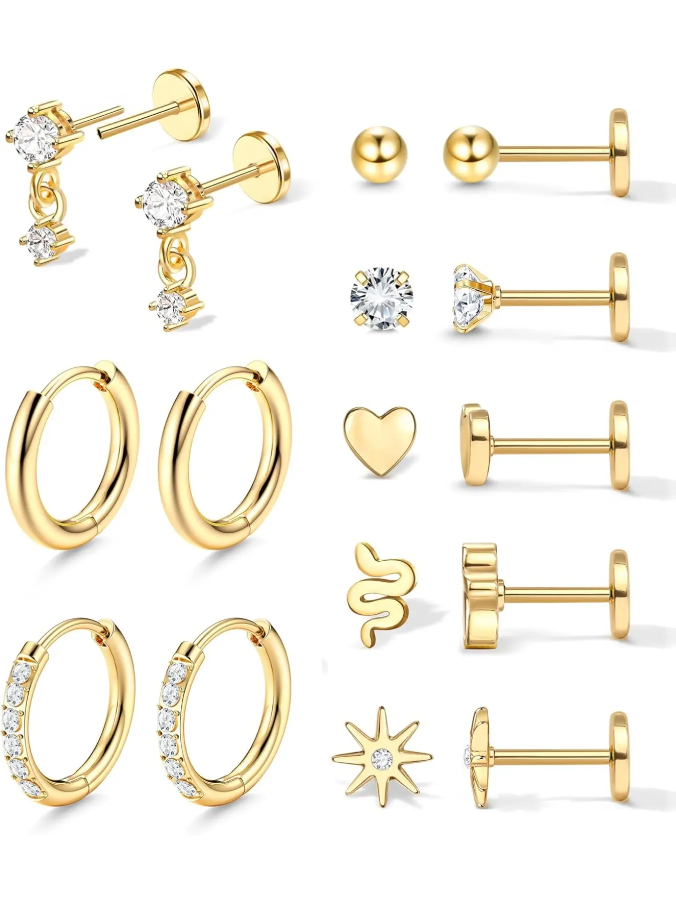 Adramata 8 Pair Earring Set for Women Men Surgical Steel Earrings Studs Hoop 14k Gold Flat Back Stud Earrings Hypoallergenic Cartilage Earring Gold Helix Tragus Piercing Jewellery Earring Stack
