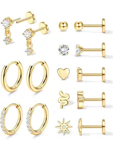 Adramata 8 Pair Earring Set for Women Men Surgical Steel Earrings Studs Hoop 14k Gold Flat Back Stud Earrings Hypoallergenic Cartilage Earring Gold Helix Tragus Piercing Jewellery Earring Stack