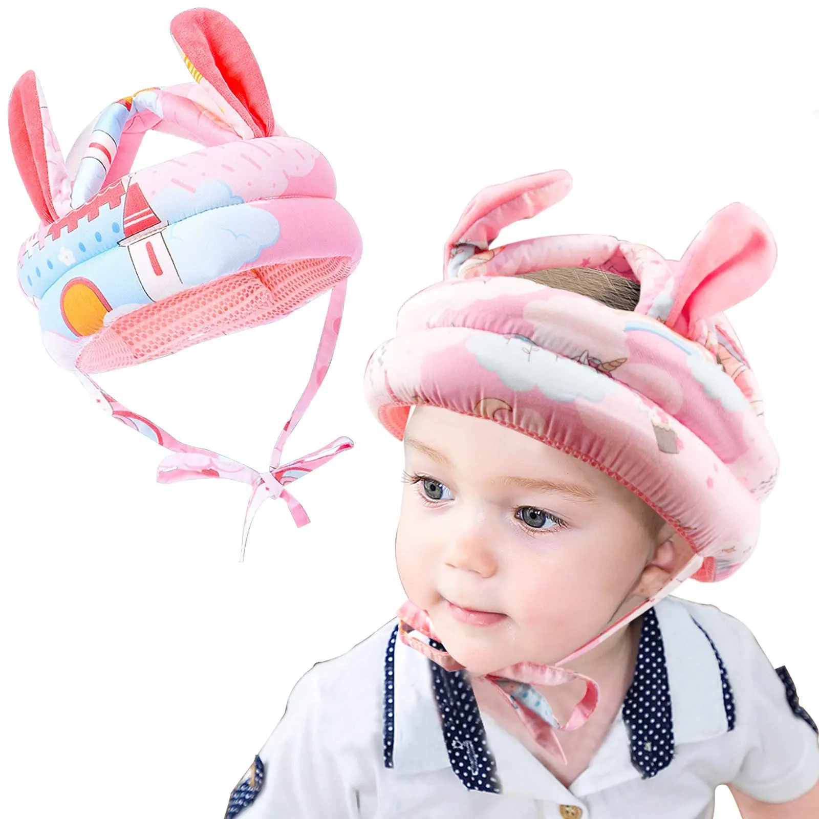 Baby Safety Helmet with Funny Bunny Ears, Adjustable Cotton Head Cushion for Toddlers, Anti-Fall Protection for Crawling and Walking, Funny Bunny Hat, Foam