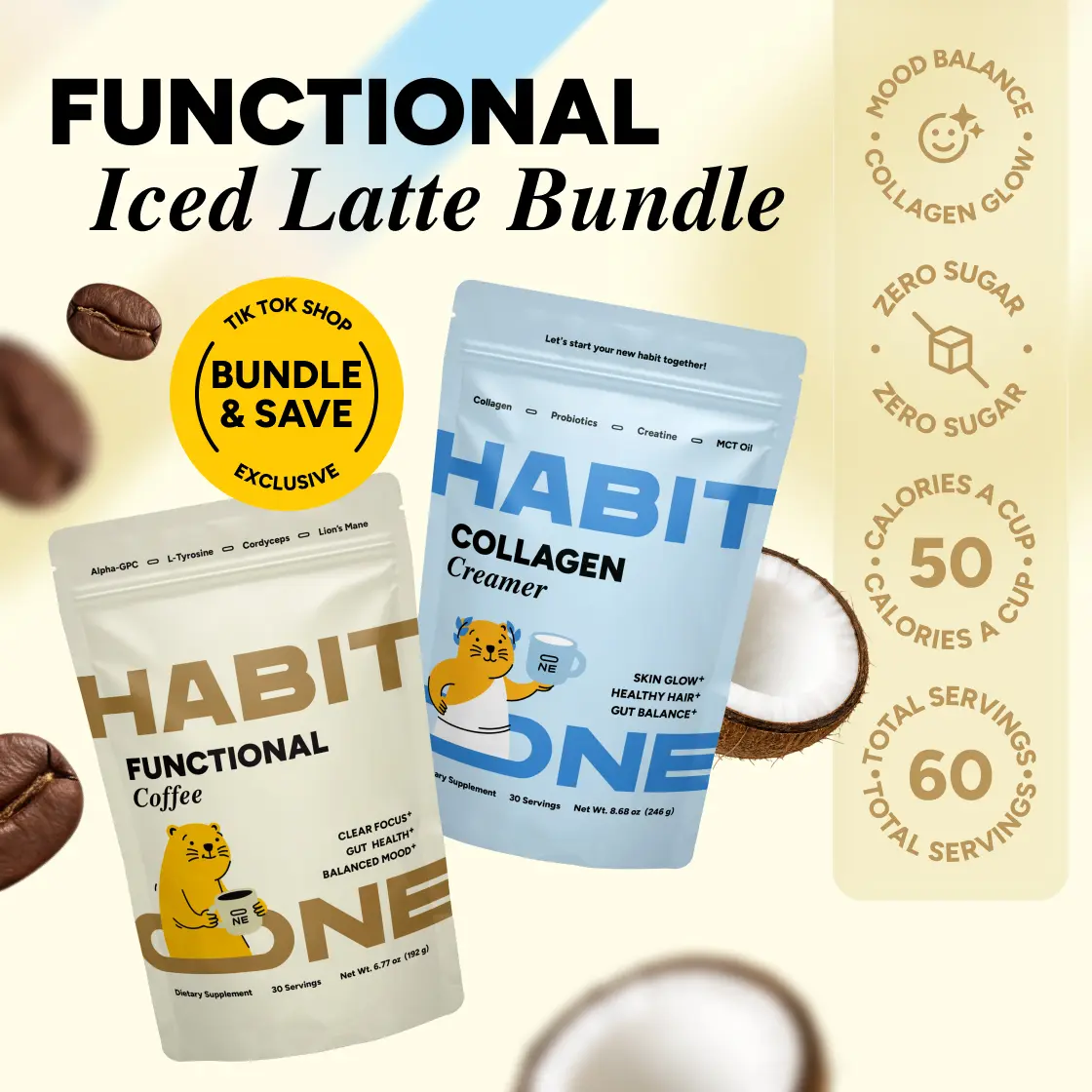Habit ONE Functional Iced Latte Bundle 60 Servings - Mushroom Coffee & Collagen Protein Creamer, Adaptogens + Nootropics, 0g Sugar, Pack of 2