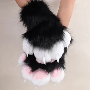 Cosplay Paw Gloves for Adults Faux Fur Fursuit Claw Gloves with Built-in Whistle Decompression Toy for Furry Lovers Costume Party Accessories Brown