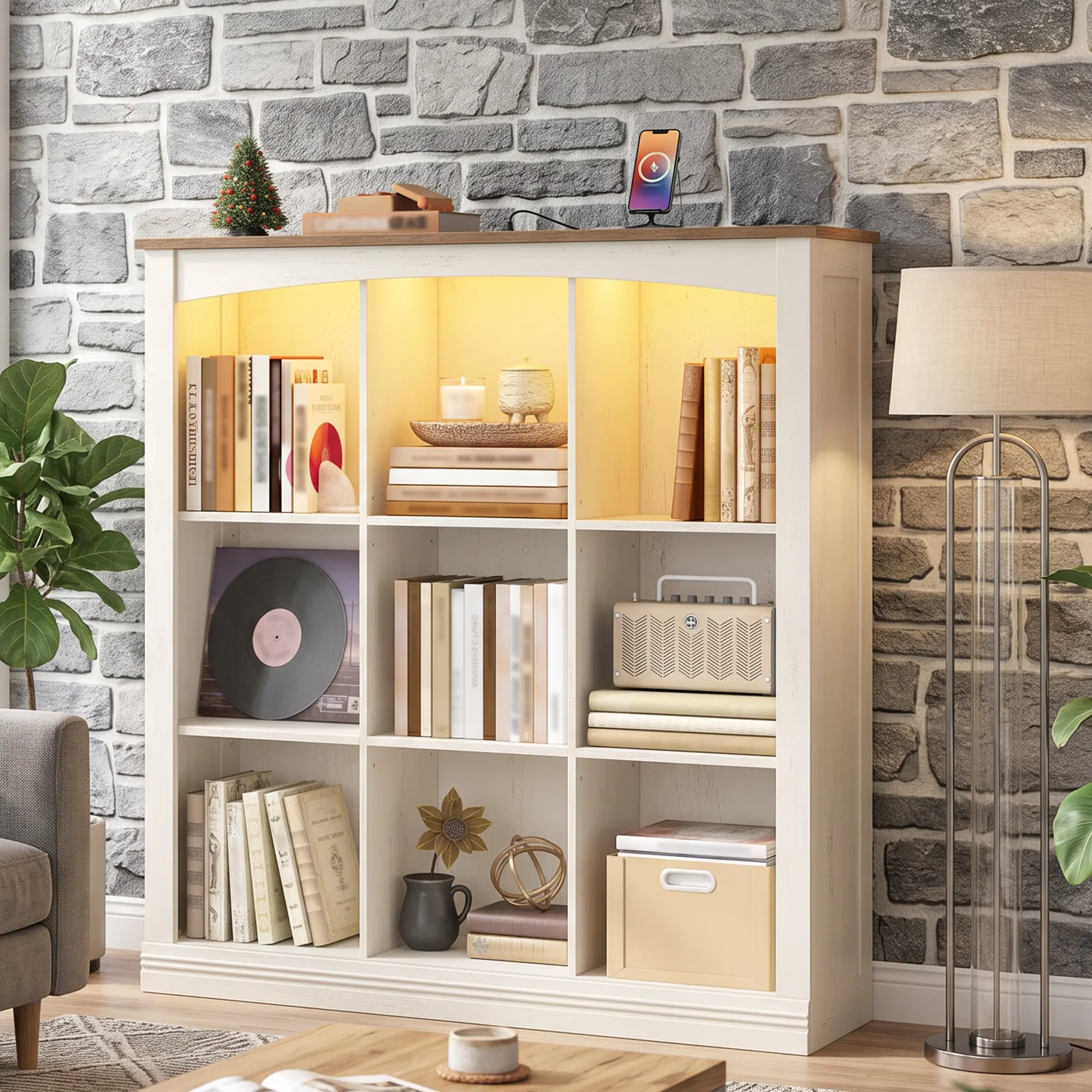 Hzuaneri Rustic 9-Cube Farmhouse Cube Shelf, 3-Tier Wood Cubby Storage Organizer with LED Lights, 2 AC Outlets, 2 USB Ports, Adjustable Display, Clean Lines, 43.3x11.8x41.3in 49.7lb Heavy-Duty Living Room Furniture