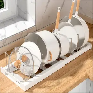 Expandable Metal Pot and Pan Organizer Rack for Cabinet, 7 Stainless Steel M-Shaped Dividers, Durable Rust-Proof Cookware Bakeware Storage, Space-Saving for Small Kitchens, Adjustable Length 30.5-56 cm Shelves