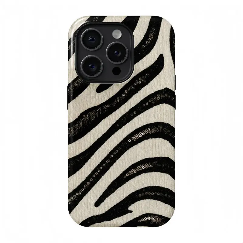 Sequins Zebra Print Phone Case, suitable for iPhone17 ProMax, 16 Pro, 15, 14, 13, 12, double-layer protective case, smartphone case