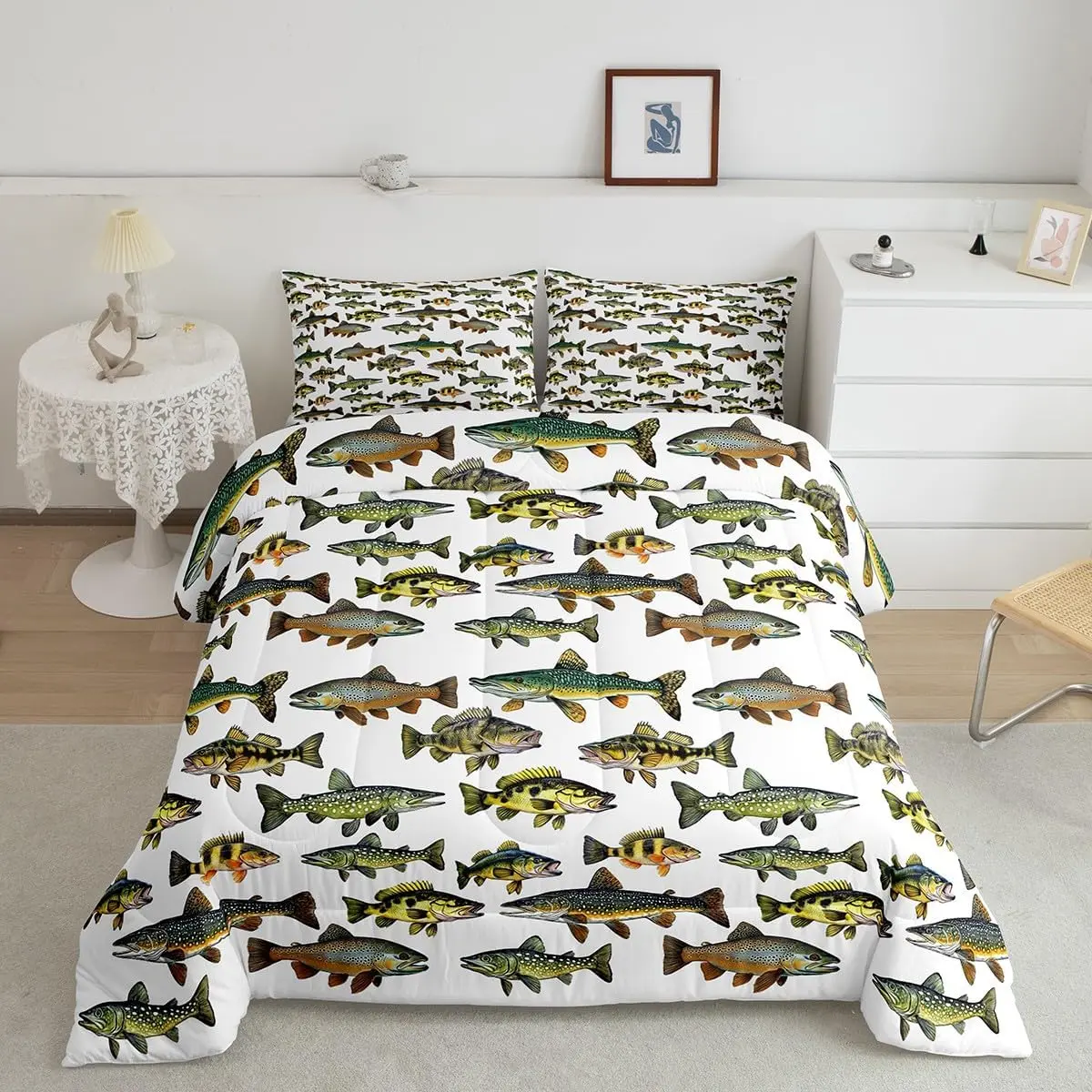 Feelyou Kids Fishing Microfiber Bedding Set - Retro Big Pike Fish Design, Microfiber Blanket Comforter for Boys' Bedrooms
