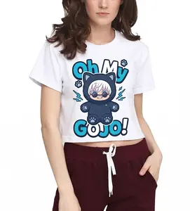 JJK Gojo Satoru Women's Crop Top - "Oh My GOJO!" Plush Blind Box Toy, Cute JJK Anime Graphic T-Shirt - Kawaii Cat Ear Plushie Style Short Sleeve Tee for Girls and Teens