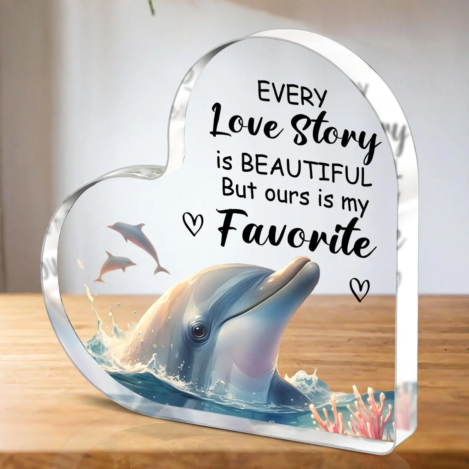Dolphin Pattern Heart Shaped Acrylic Plaque, Creative Desktop Ornament, Decorative Ornament for Wedding, Birthday, Gift for Friends & Family