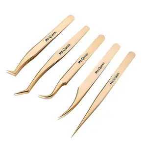 Ms.Queen 5-Piece Eyelash Extension Tweezers Set - Precision Tools for 2D-6D Volume & Individual Lashes with Elegant PU Storage Case - Golden Finish (M003) Ms.Queen