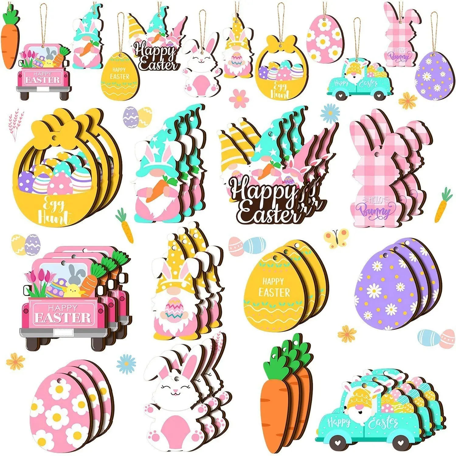 12/24/36 Piece Multi-Color Wooden Hanging Decorations, Easter Eggs Rabbits Hearts Spring Decor, Perfect for Holidays Home Garden Parties