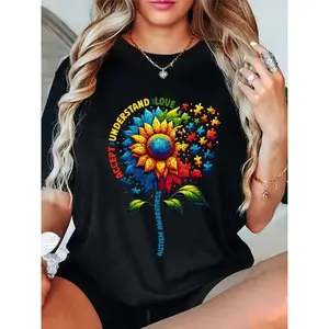 Unisex Autism Awareness Sunflower Graphic T-Shirt -  Understand Love  Print with Puzzle Piece Design, 100% Soft Breathable Short Sleeve Tee, Vibrant Colors, Machine Washable Casual Round Neck Top