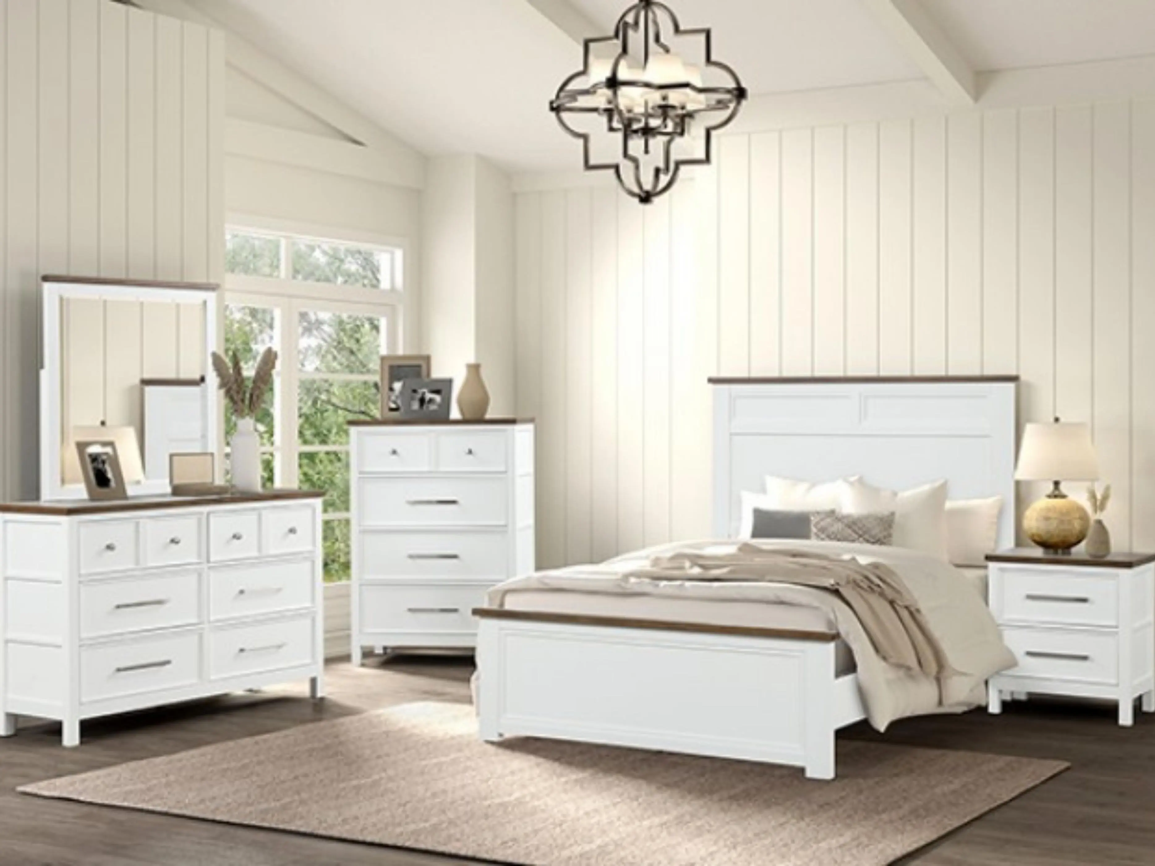 FM7171WH-4PC 4 pc Pinetop White & Dark Brown Finish Wood Full Size Bedroom Set Includes Bed Nightstand Dresser Mirror Ideal for Modern Classic Style