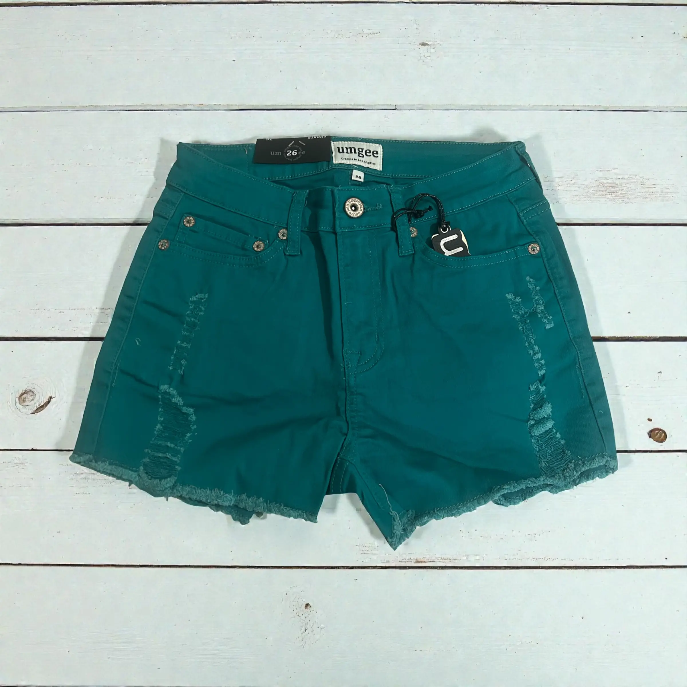 Teal Distressed Frayed Hem Denim Shorts