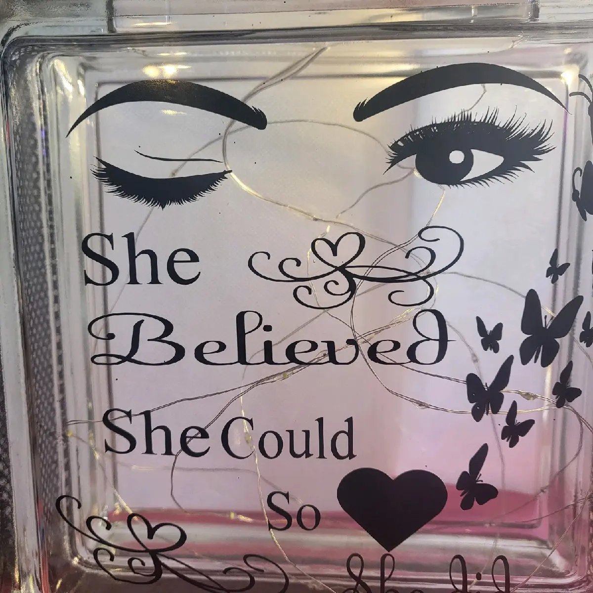 Glass Lighted Block 8 Inches with She Believed She Could So She Did Text & Butterfly Motifs Clear Transparent Centerpiece for Home Party Decorations