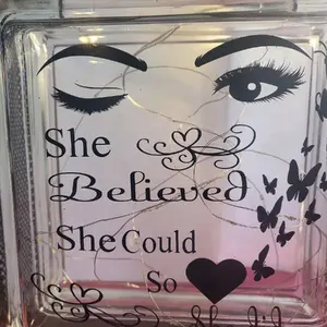 Glass Lighted Block 8 Inches with She Believed She Could So She Did Text & Butterfly Motifs Clear Transparent Centerpiece for Home Party Decorations