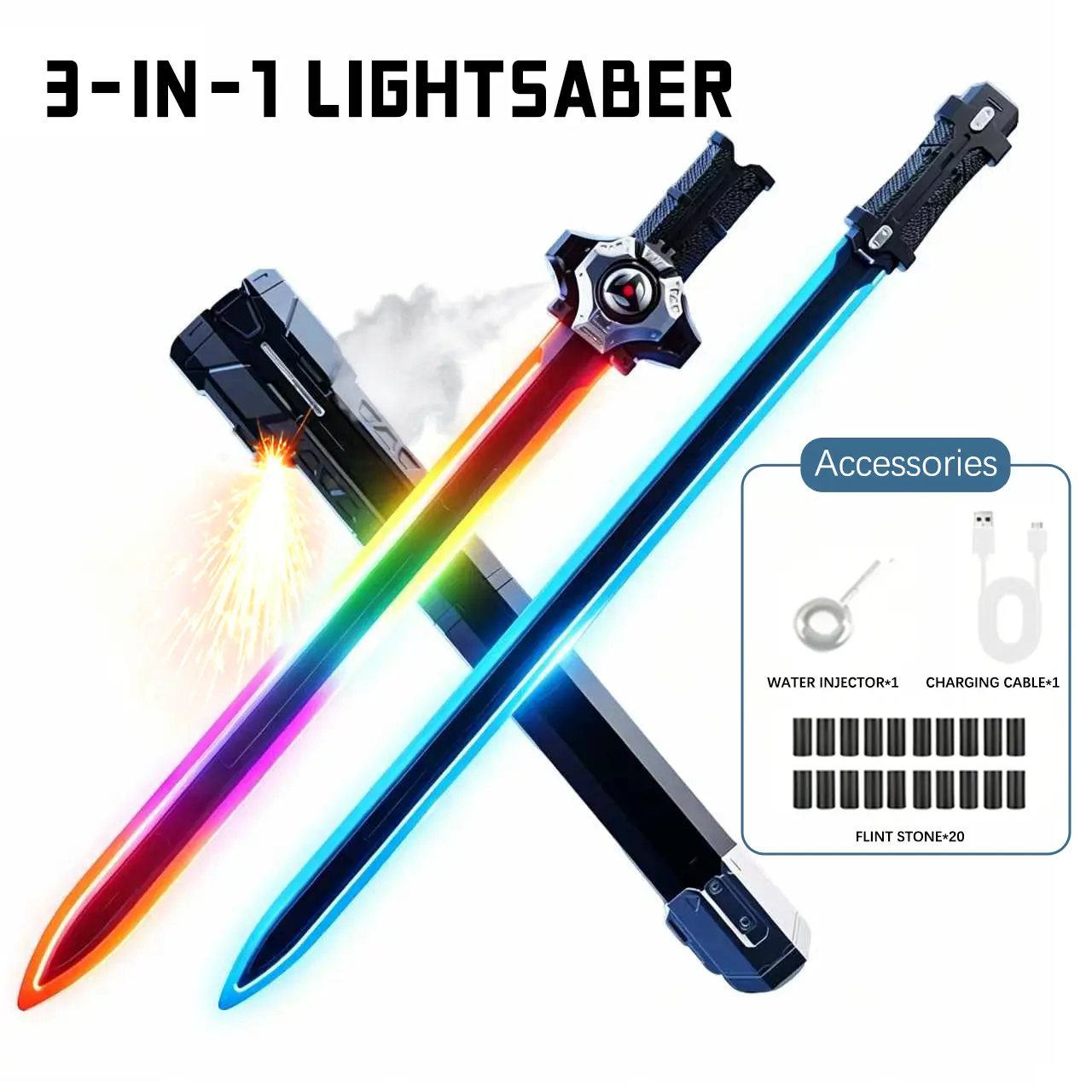 7-Color Changing Kids' Light Saber with Dynamic Sound Effects & Mist Spray Realistic Spark Effect Type-C Charging Dual-Sword Combination Mode Cool Birthday Gift,US in stock. The ultimate cool gift for kids – the perfect halloween gift!Cosplay Prop