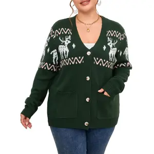Plus Size Cute Cardigan Ugly Christmas Sweaters for Women Long Sleeve Button Down Open Front Casual Warm Funny Knit Sweater,Green,3XL