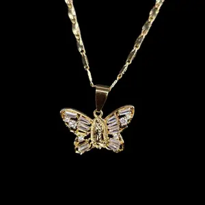 Virgen De Gualdalupe Small Butterfly Necklace With Stones - 18K Gold