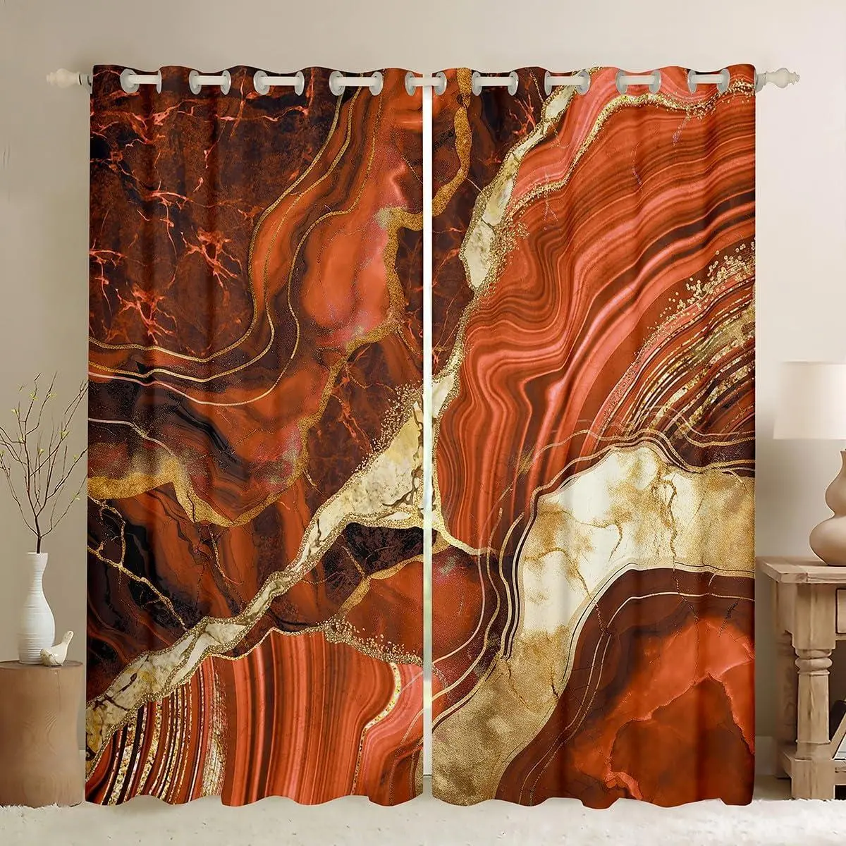 Orange Marble Curtains,Gold Crack Blackout Curtains,Abstract Metallic Texture Curtains & Drapes,Luxury Shinny Boho Hippie Fluid Marbling Window Curtains,2 Panels