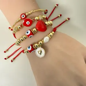 Handmade 14k Gold Plated Pearl Adjustable Bracelet with Red Beads