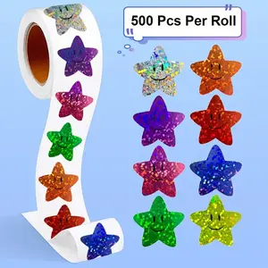 500pcs/roll Shiny Smiling Star Art Stickers In Roll, Eight Colors Coated Paper Design Stickers, Suitable For Children'S Rewards, Scrapbooking, Diy Crafts, Gift Packaging, Classroom Decoration