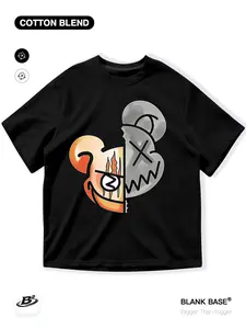 Trendy High Street Cotton Blend Bear Print Loose Short Sleeve Top, Casual Breathable Unisex Fashion, Summer Wear