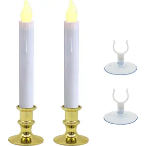 Window Candles with Suction Cups,  Operated LED Taper, Auto On/Off, Removable  Base, Flickering Warm Orange Flameless Lights Decor. (2 Pack)