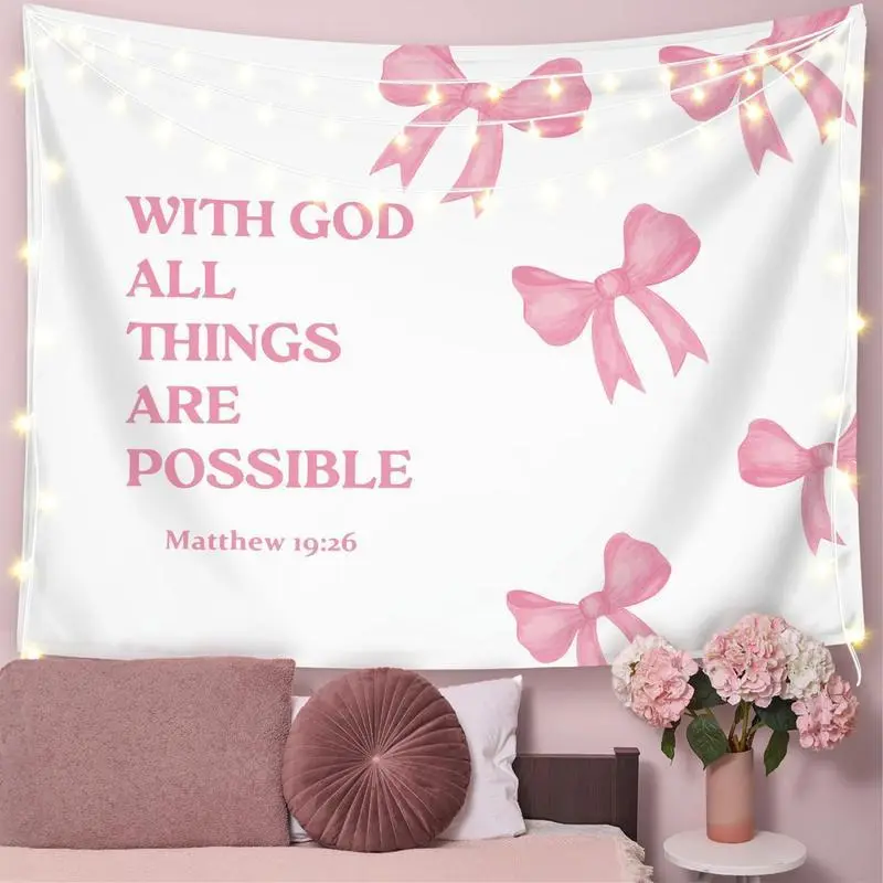 Coquette Pink Bow Christian Tapestry Wall Hanging - 40x30in & 50x60in Brightening Long Lasting Room Art, Inspirational "With God All Things Are Possible" Bible Verse Decor, Pink Bedroom Accessories for Girls' Dorm/Beach Apartment