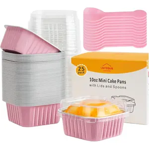 Mini Cake Pans with Lids 25 Pack,10oz Small Baking Tins Foil Muffin Cups for Brownie, Individual 4” Bread Pan Disposable Cupcake Containers for Valentine Holiday Bake Sale-Pink