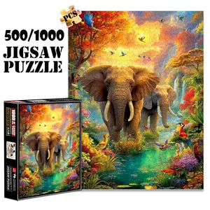 1pc 1000 piece adult puzzle 70x50cm Elephants in Colorful Tropical Landscape with Birds and Waterfall 500 pieces of paper jigsaw puzzle, suitable for adults and families, large-scale DIY puzzle inte