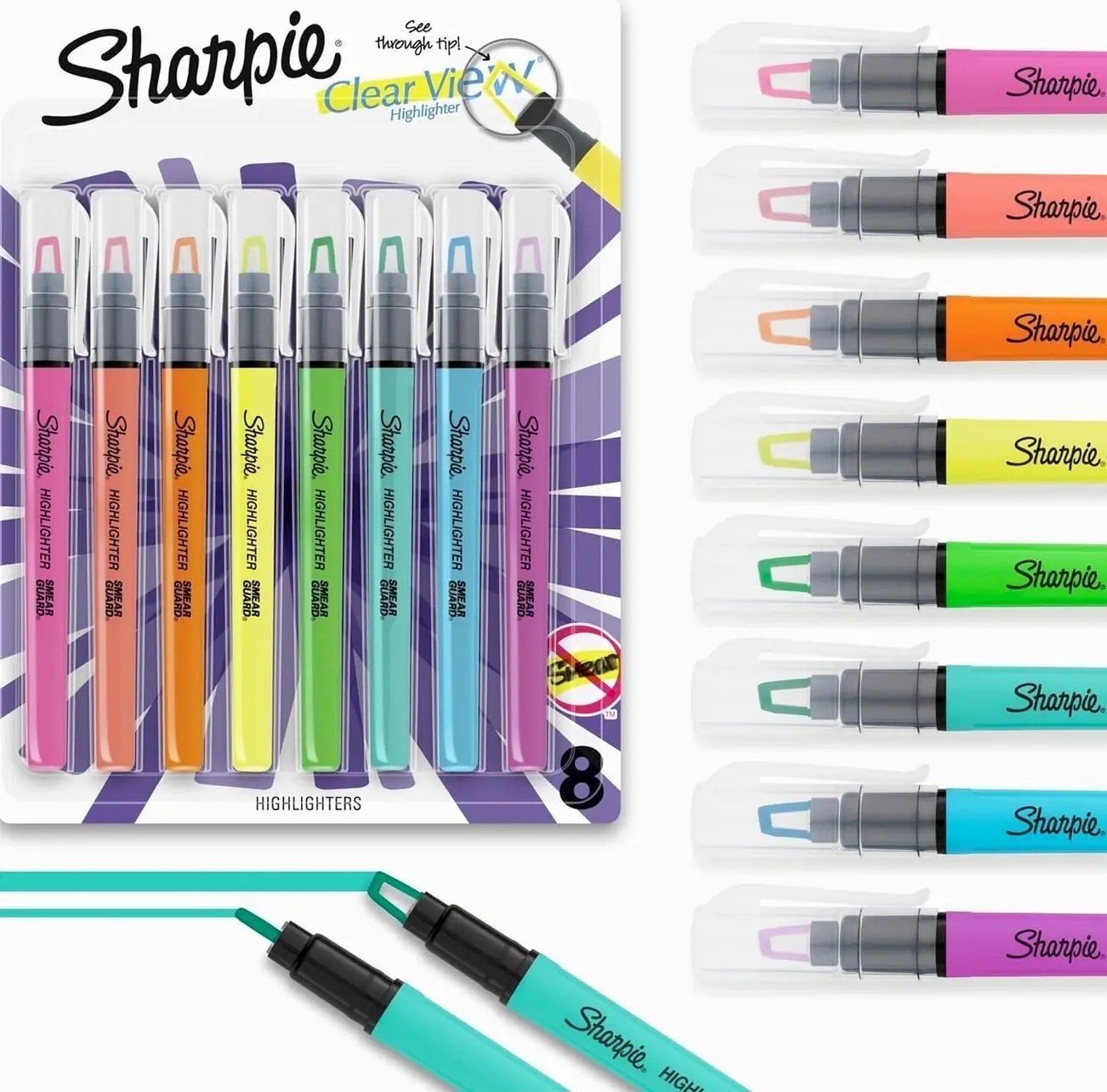 Sharpie Clear View Highlighter Sticks, Chisel Tip Highlighter Market Set, Essential School & Teacher Supplies, Smear Resistant, Assorted Color Highlighters, 8-Pack