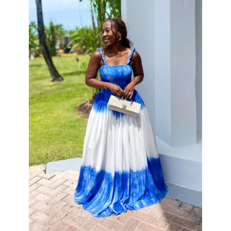 Women's Y2K Blue & White Tie-Dye Halter Neck Maxi Dress - A-Line Floor-Length Beach Dress with Back Tie Closure, Semi-Sheer Sleeveless Design for Vacation, Travel, Daily Outfits - All-Season Casual to Formal Events (Machine Washable) - Turq