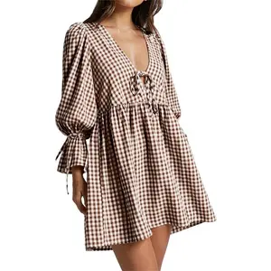 Women Gingham Puff Sleeve Tie Front Dress Deep Vneck Ruffle Hem Babydoll Flowy Y2k Mini Aline Plaid Swing Dress Party Streetwear