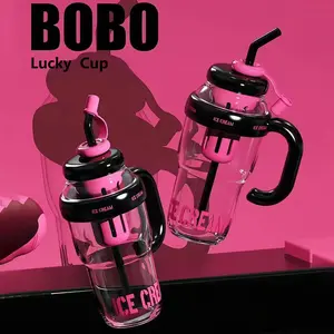 1200ML Cute High Capacity Large Handle Straw Tea Infuser Cup, Dustproof Portable Summer Women Student Big Belly Mug, Ice King Lucky Cup