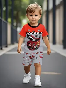 Boys Summer Trendy Fashion Cartoon Car Pattern 3D Print Short Sleeve Top + Shorts Two-Piece Set, Casual Outdoor Sports