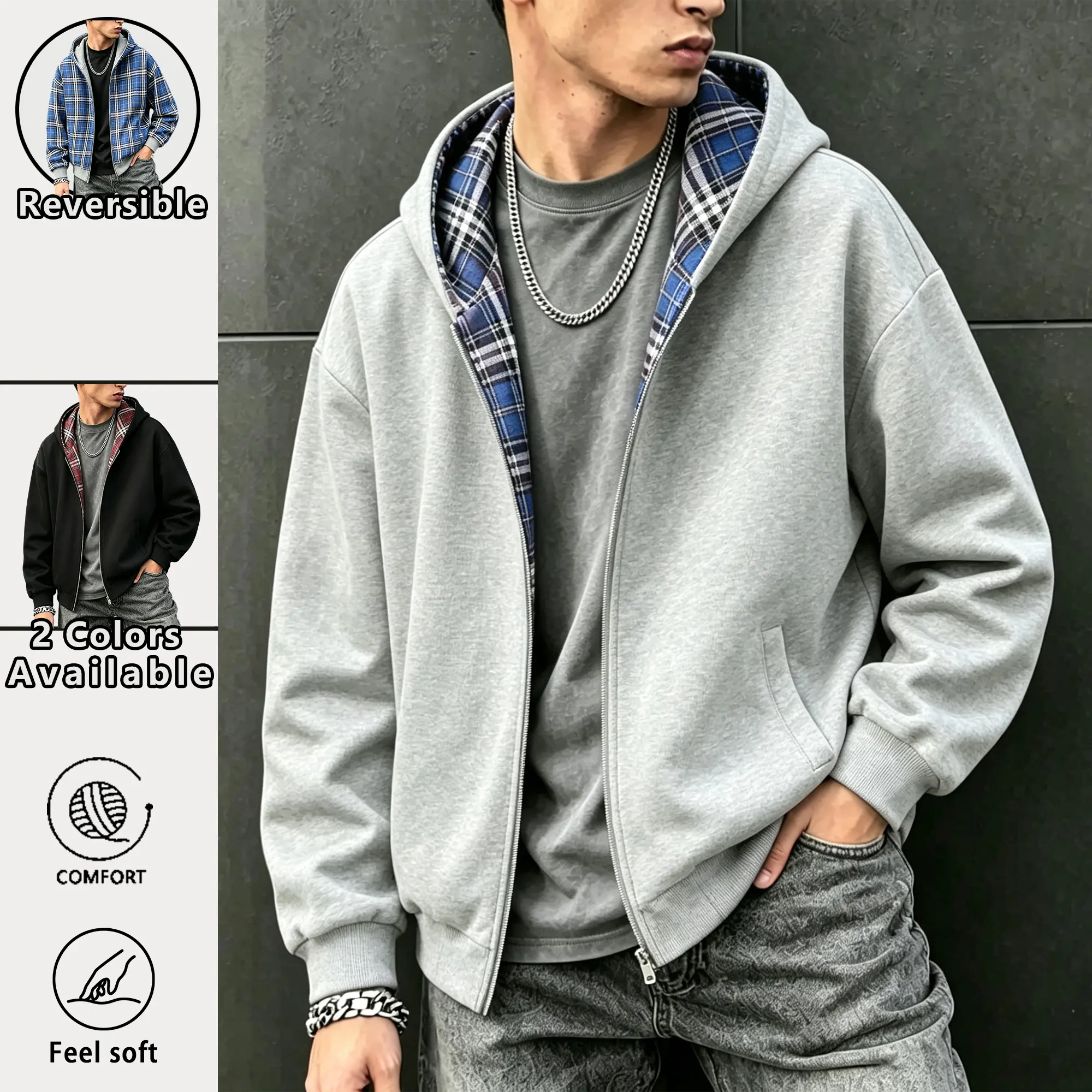 EKF Men’s Cotton Plaid Lined Zip-Up Hooded Jacket — Wear it two ways, two styles in one piece; everyday streetwear with new looks every day