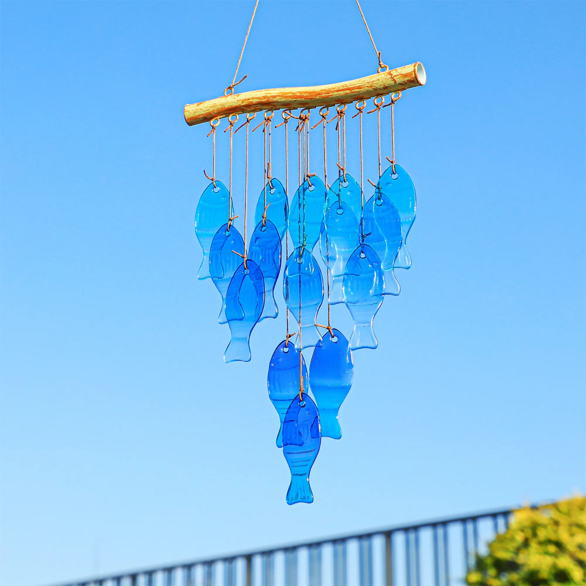 Handcrafted Fish Wind Chimes, 23" Blue Glass Sea Wind Chimes for Outside, Large Glass Wind Chimes for Beach Party and Wedding Decor
