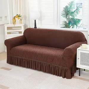 1pc Solid Color Microfiber Water Wave Elastic Stretch Sofa Cover, Full Body Slip Resistant Sofa Protector with Skirt, Easy Care Dust Cover for 1 to 4 Seater Sofas, Ideal Home Decoration for Winter and All Seasons